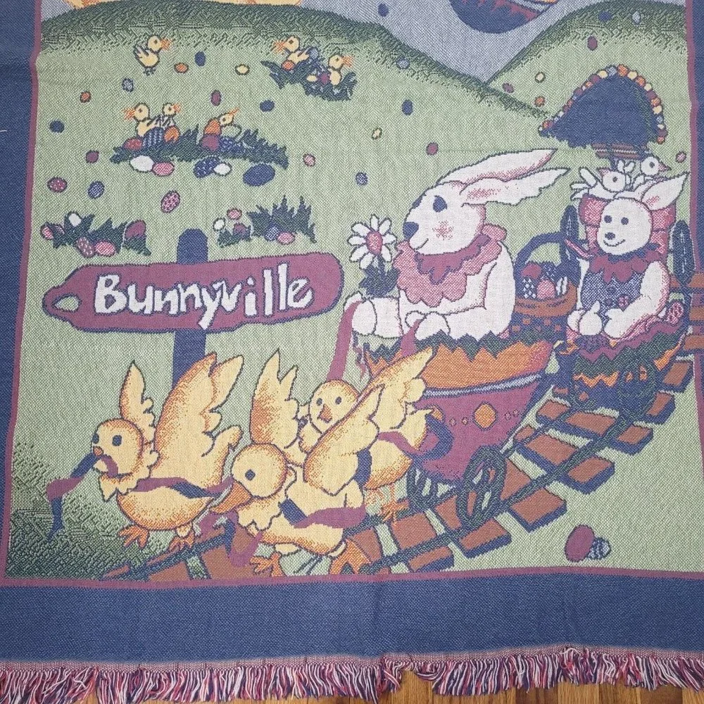 Vintage Tapestry Throw Blanket Easter Spring Bunnys Rabbits Chicks Large 72 x 48